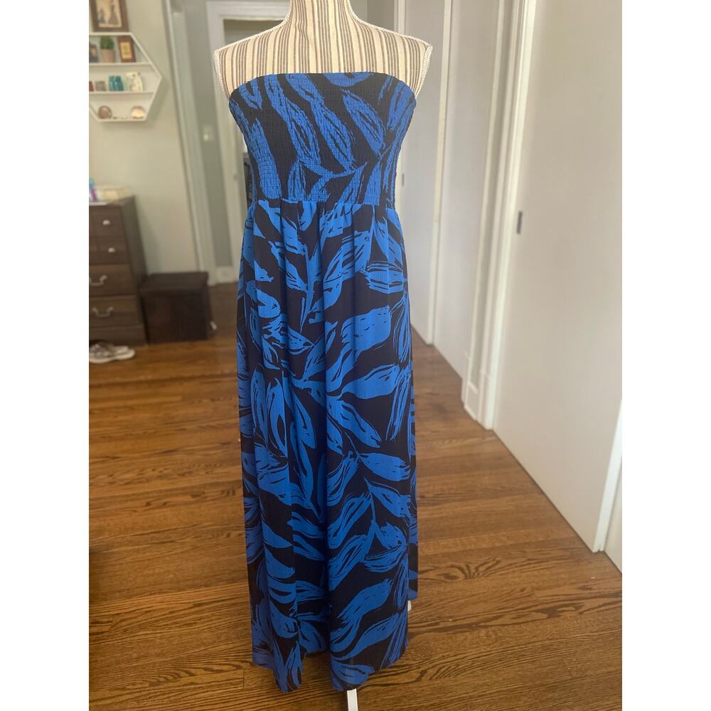 Lane Bryant blue and black print strapless maxi dress with smocked bodice